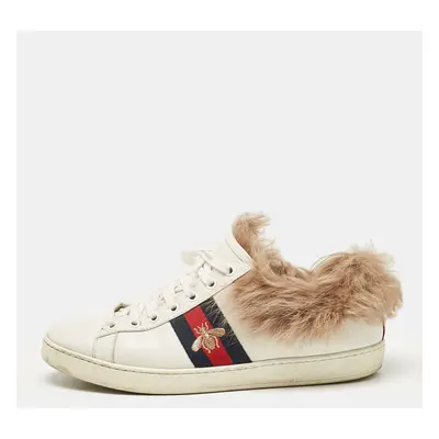 Gucci White Fur and Leather Ace Low Top Sneakers Size