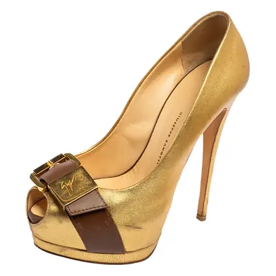 Giuseppe Zanotti Gold Leather Peep Toe Buckle Platform Pumps Size