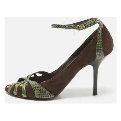 Roberto Cavalli Brown Python Leather and Suede Peep Toe Pumps Size