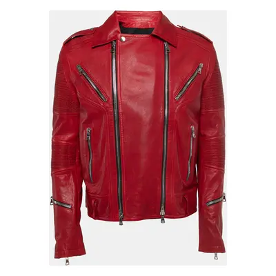 Balmain Red Distressed Leather Moto Biker Jacket