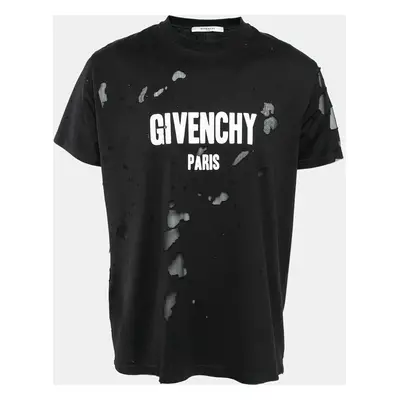 Givenchy Black Logo Print Distressed Cotton Knit Crew Neck T-Shirt