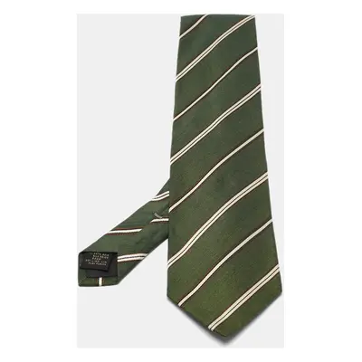 Ermenegildo Zegna Vintage Green Stripe Linen Silk Traditional Tie