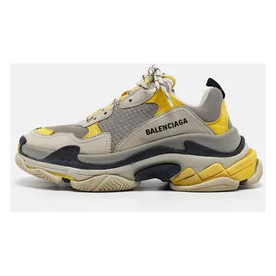 Balenciaga Grey/Yellow Fabric and Faux Leather Triple Lace Up Sneakers Size