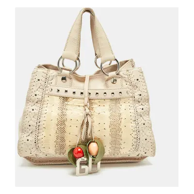 Dolce & Gabbana Cream/Beige Whipstitch Leather and Watersnake DG Charm Tote