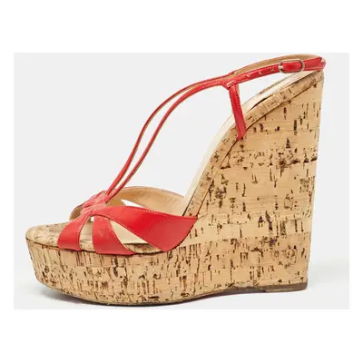 Christian Louboutin Red Leather Strappy Cork Wedge Sandals Size 38.5