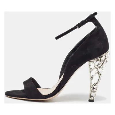 Miu Miu Black Suede Crystal Embellished Ankle Strap Sandals Size