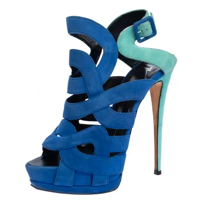 Giuseppe Zanotti Blue Suede Cutout Caged Slingback Sandals Size