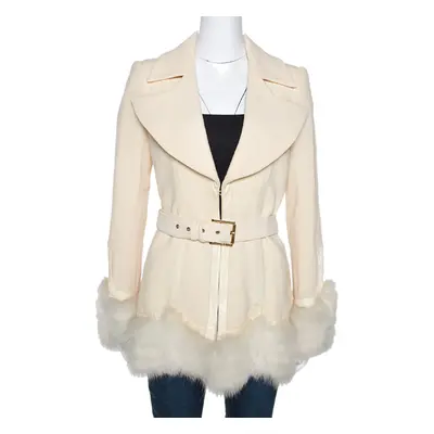 Roberto Cavalli Cream Wool Fox Fur Trim Belted Jacket