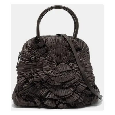 Valentino Dark Grey Leather Pleated Petale Rose Dome Bag