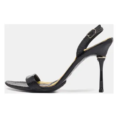 Bottega Veneta Black Croc Embossed Ankle Strap Sandals Size