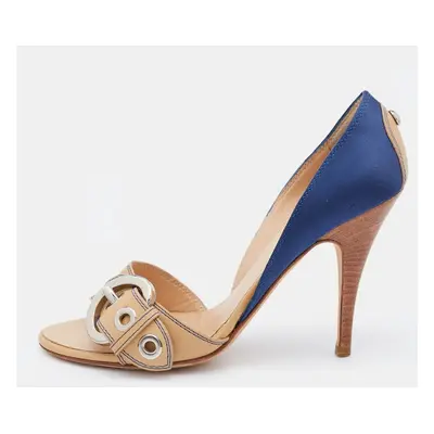 Giuseppe Zanotti Blue/Beige Satin and Leather Buckle Side Sandals Size