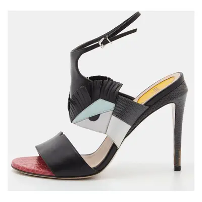 Fendi Tricolor Leather and Embossed Lizard Monster Eye Ankle Strap Sandals Size