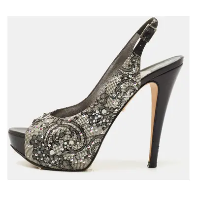 Gina Black Lace Crystal Embellished Peep Toe Slingback Platform Pumps Size 37.5