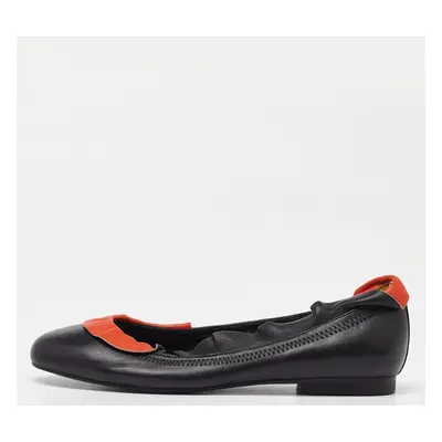 Fendi Black/Orange Leather Ruffle Trim Ballet Flats Size