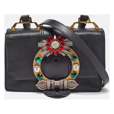 Miu Miu Black Madras Leather Crystal Embellished Buckle Flap Shoulder Bag