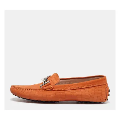 Tod's Orange Croc Embossed Leather Double T Loafers Size