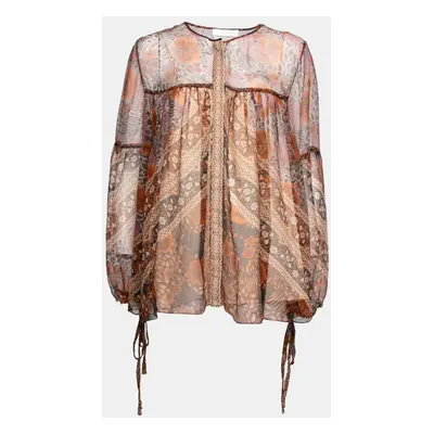 Chloe Rust Orange Printed Silk Chiffon Gathered Sleeve Detail Blouse