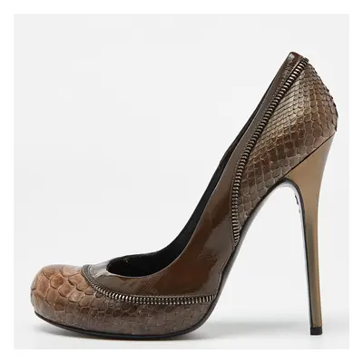 Alexander McQueen Brown/Green Python and Patent Leather Round Toe Pumps Size 38.5