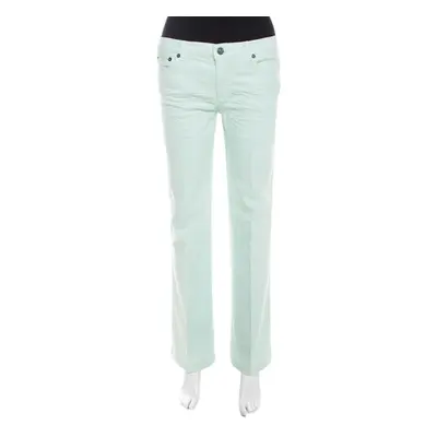 Roberto Cavalli Mint Blue Washed Denim Crinkled Effect Flared Jeans