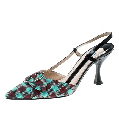 Prada Multicolor Check Pattern Fabric and Leather Slingback Sandals Size 37.5