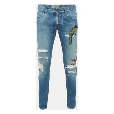 Dolce & Gabbana Blue Bird Applique Denim Ripped Jeans Waist 32"