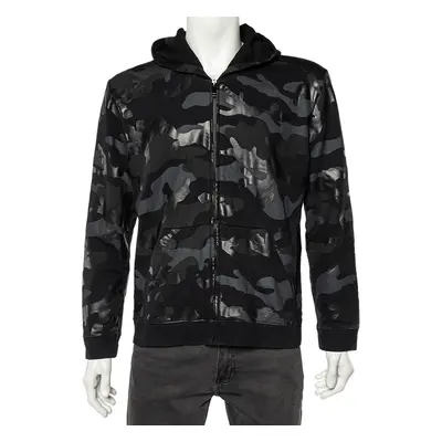 Valentino Black Camouflage Print Cotton Zip Up Hooded Sweatshirt