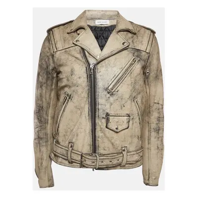 John Elliott X Blackmeans Beige Distress Ivory Paint Leather Riders Jacket