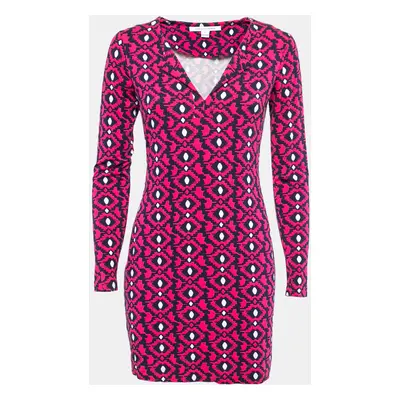 Diane Von Furstenberg Pink/navy Blue Printed Knit Full Sleeve Mini Dress