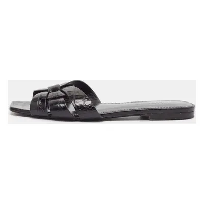 Saint Laurent Black Croc Embossed Leather Tribute Flat Slides Size 37.5