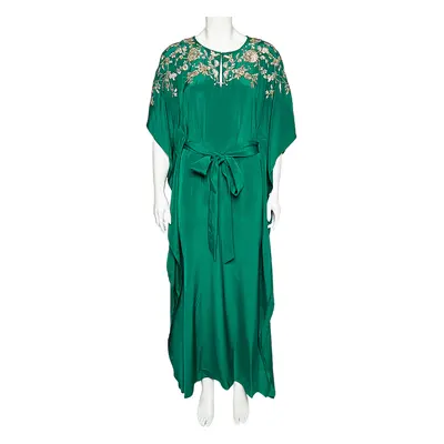 Oscar de la Renta Green Silk Embellished Belted Kaftan Dress