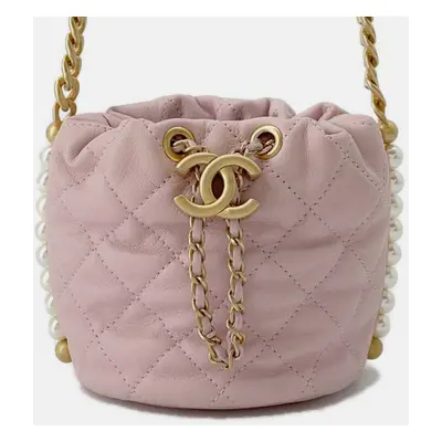 Chanel Light Pink Calfskin Quilted Pearl Mini About Pearls Drawstring Bucket Bag