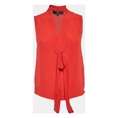 Elisabetta Franchi Red Crepe V-Neck Bow Detail Top