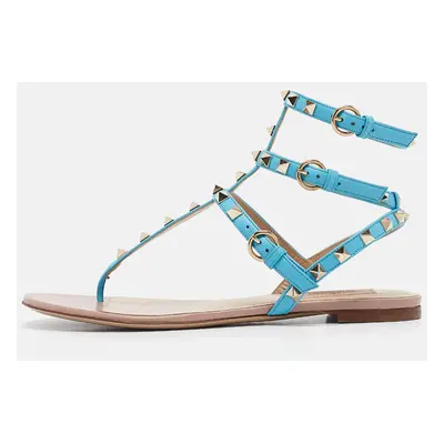 Valentino Blue Leather Rockstud Flat Sandals Size