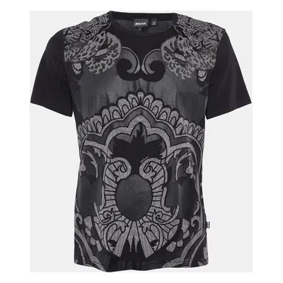 Just Cavalli Black Printed Cotton Knit Crewneck T-Shirt