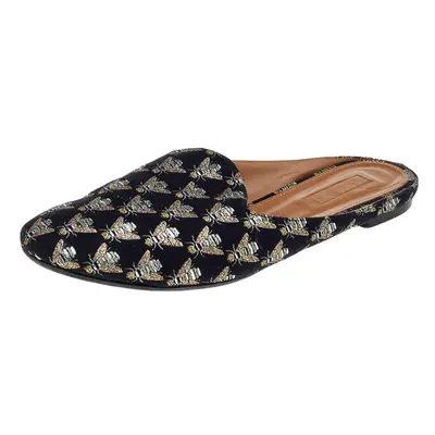 Aquazzura Black Bee Embroidered Fabric Flat Mules Size 39.5