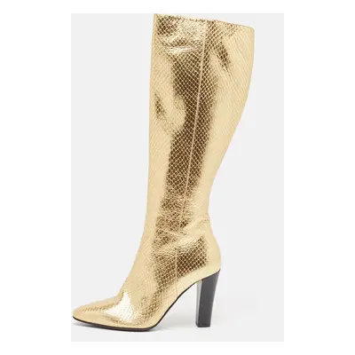 Saint Laurent Gold Python Embossed Leather Lily Knee Length Boots Size