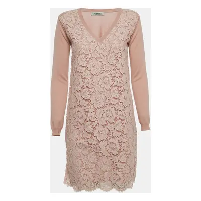 Valentino Pale Pink Floral Lace & Wool Knit Long Sleeve Dress