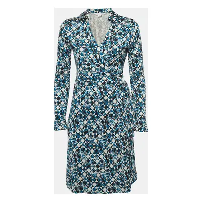 Diane Von Furstenberg Blue Printed Silk Jersey Wrap Dress