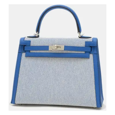 Hermes Blue France Ecru Toile Swift Kelly Handbag