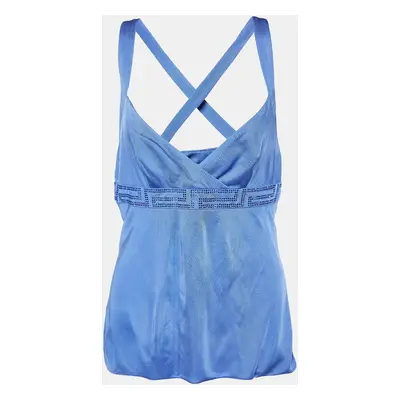 Versace Blue Jersey Crystal Greca Embellished Tank Top