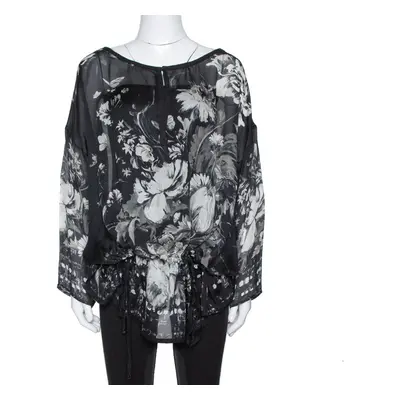 Roberto Cavalli Black Floral Print Silk Sheer Kaftan Blouse