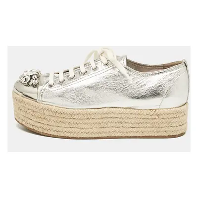 Miu Miu Silver Leather Crystal Embellished Platform Espadrille Flats Size