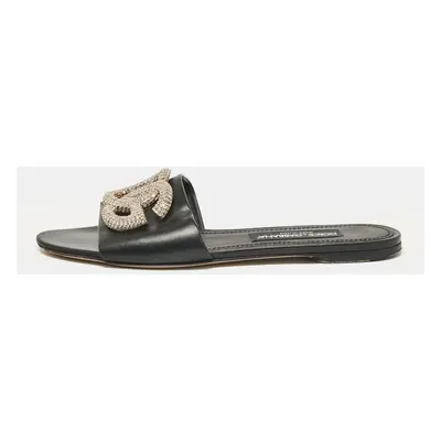 Dolce & Gabbana Black Leather DG Crystal Embellished Flat Slides Size