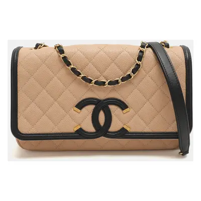 Chanel Beige/Black Leather Medium CC Filigree Flap Bag