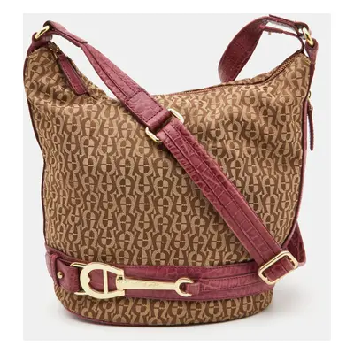 Aigner Beige/Pink Signature Canvas and Croc Embossed Leather Hobo