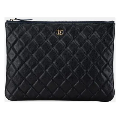 Chanel Navy Blue Medium Quilted Caviar O Case Clutch