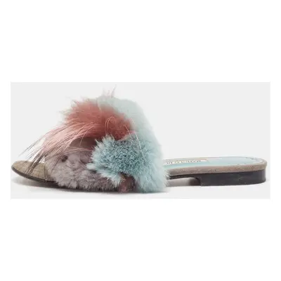 Manolo Blahnik Two Tone Suede and Fox Fur Flat Slides Size