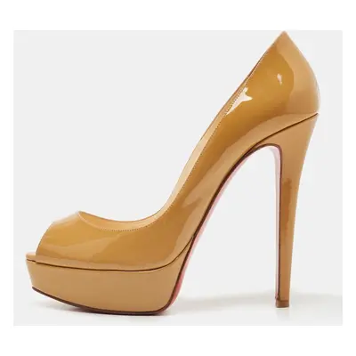 Christian Louboutin Beige Patent Leather Lady Peep Platform Pumps Size 39.5