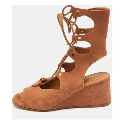 Chloe Brown Suede Caged Tie Up Ghillie Wedge Sandals Size