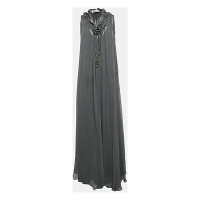 Chloe Anthracite Grey Crepe Silk Beaded Maxi Dress